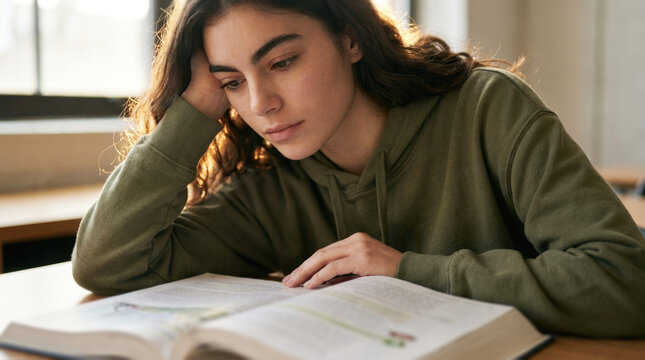 Focused Female College Student Studying Textbook Independently inside Classroom Library