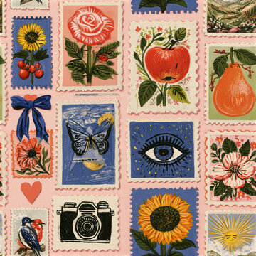 Bohemian scrapbook seamless pattern with colorful stamps featuring flowers, fruits, butterfly, camera, and sun, creating