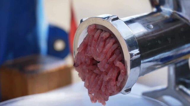 Stainless steel kitchen appliance extrudes ground seafood mixtures into a pile while workers prepare raw components