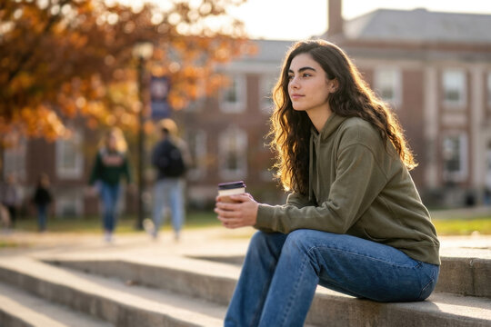 Thoughtful Young Female Student Sitting Outdoors on Campus Steps Holding Coffee