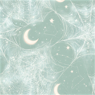 Celestial spiderweb seamless pattern with luminous white moon and star constellation on soft green background