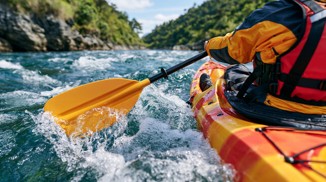 First person perspective kayaking through crystal clear river rapids with paddle entering the water towering cliffs and lush green forest on both sides ultra photorealism, cinematic color correction
