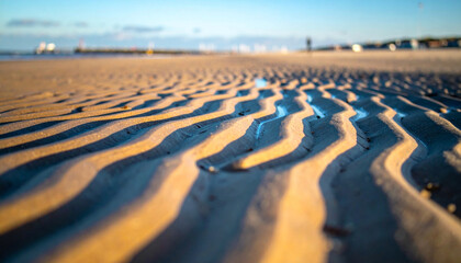 Obraz premium Golden sunset light on beach sand ripples texture with blurred background