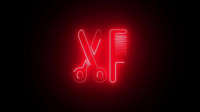 Glowing red neon barber shop sign with scissors and comb animation hair