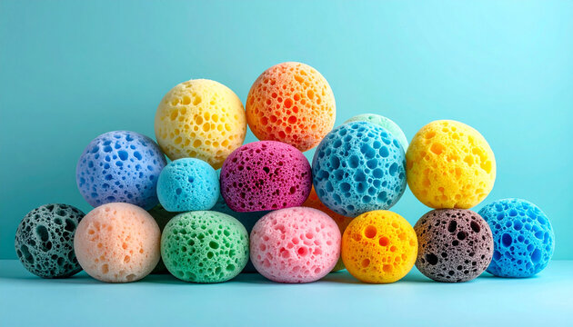 Colorful stacked sponges with textured surfaces against a soft blue background, copy space