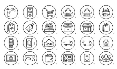 Fototapeta premium Shopping retail line icons vector set with barcode scanner mobile payment and store checkout outline graphics