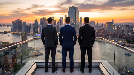 Plakat Three businessmen in suits standing on balcony overlooking city skyline view at sunset.