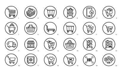 Fototapeta premium Retail grocery basket bold outline icon collection with professional e-commerce shopping cart flat vectors