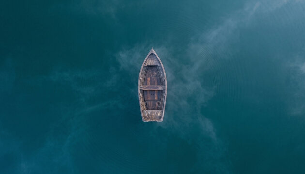Top down aerial view of empty wooden rowboat isolated on calm misty lake water minimalist nature background