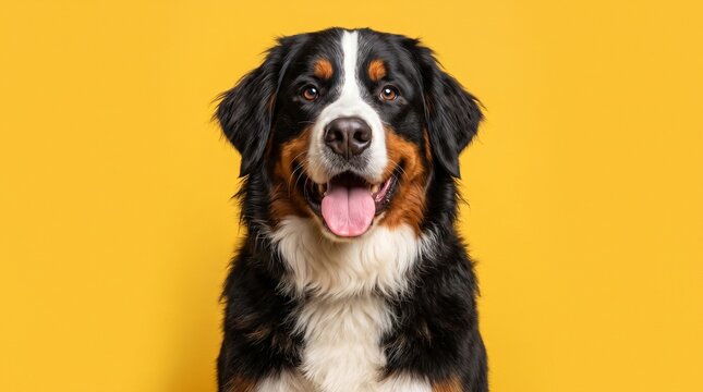 Happy Bernese Mountain Dog Portrait with Tongue Out on Solid Yellow Background