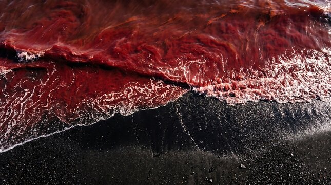 Red Tide Algae Bloom Waves Crashing on Volcanic Black Sand Beach