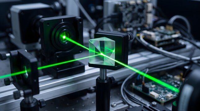 Green laser beam refracting through glass prism in optical laboratory.