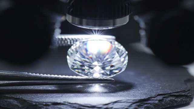 Diamond examined under a microscope with tweezers, detail of gemstone and reflection on dark background
