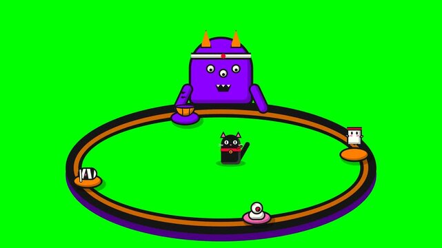 Cute Cartoon Purple Monster and Black Cat with Rotating Food Items on Green Screen Background