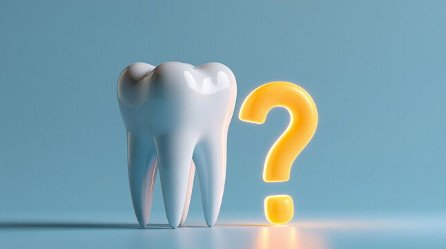 A realistic tooth next to a glowing 3D question mark symbol. Perfect for dentistry marketing and dental care advice.