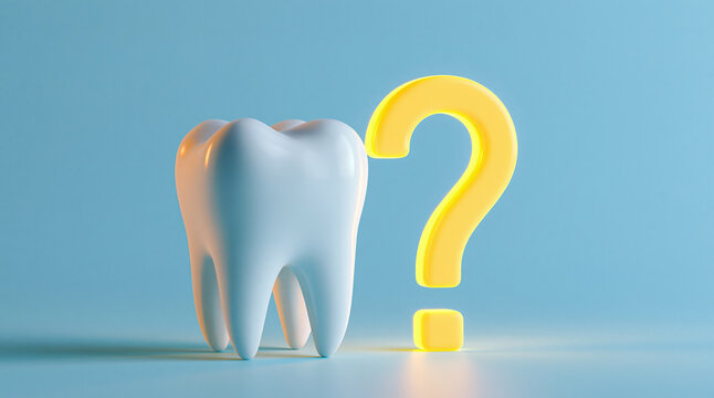 A 3D rendered white tooth next to a glowing yellow question mark. This represents oral health inquiries or dental.