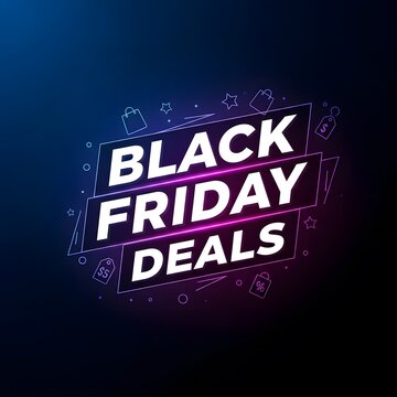 Black Friday sales banner with glowing neon text. Discount shopping event promotion for retail and e-commerce marketing.