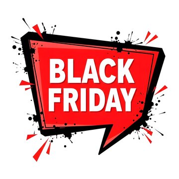 Black Friday sale announcement with bold red speech bubble. Explosive shopping event promotion featuring dynamic splatter design for retail marketing.