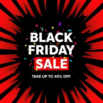 Black Friday sale banner with explosive discount offer. High-impact retail promotion graphic featuring bold text and dynamic rays for maximum engag...