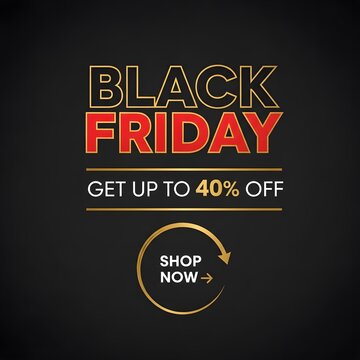Black Friday sale banner with bold discount offer. High-impact retail promotion graphic for e-commerce and advertising campaigns.