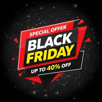 Black Friday sale banner with bold discount offer. Vibrant promotional graphic for retail shopping event with up to 40 percent off.