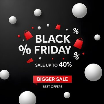 Black Friday sale banner with bold red discounts up to 40 percent. High-contrast shopping event promotion featuring explosive offers and holiday sa...