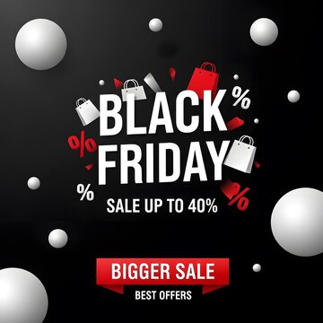 Black Friday sale banner with massive discounts up to 40 percent. Holiday shopping promotion template featuring bold red and white text for retail...