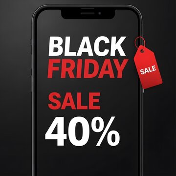 Black Friday sale announcement with 40 percent discount on smartphone screen. Mobile shopping promotion banner for e-commerce and retail marketing...