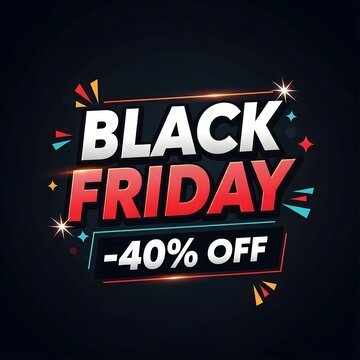 Black Friday sale banner with 40 percent discount offer. Vibrant retail promotion graphic for e-commerce and advertising campaigns.