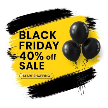 Black Friday sale banner with 40 percent discount offer. Shopping promotion graphic featuring floating black balloons on yellow background.