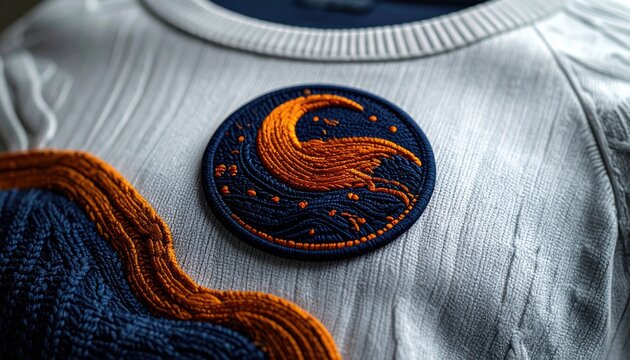Close-up of a sweater with blue/orange embroidered patch. Focus is on intricate design and texture of materials