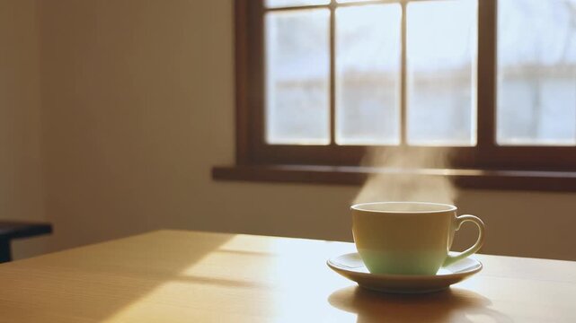 Steam rising from a cup of hot green tea by a sunny window