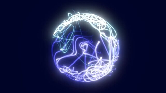 Glowing white and blue light trails wrap into an abstract sphere
