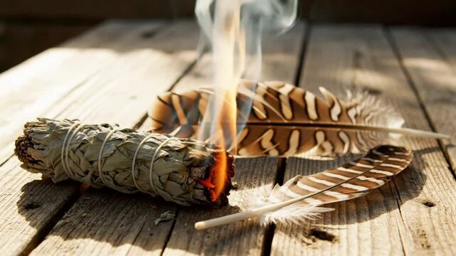 Burning sage bundle and feathers on weathered wooden table creating cleansing smoke and ritualistic ambiance.