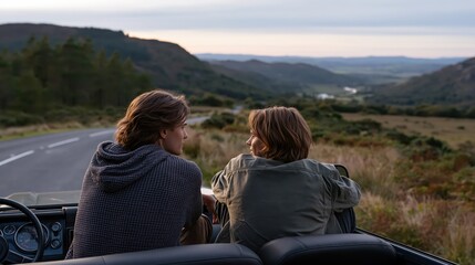 Fototapeta premium Two people sit in a car looking at the landscape during dusk in a quiet countryside area