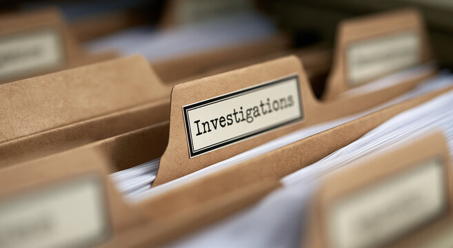 A close-up of a brown manila file folder labeled Investigations. Ideal for criminal justice or corporate business.