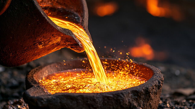 Molten gold pours from a crucible into a vessel. It represents industrial metal processing and manufacturing wealth.