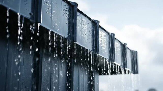 Rainwater pouring from a modern building's roof with close-up focus and a clear sky background