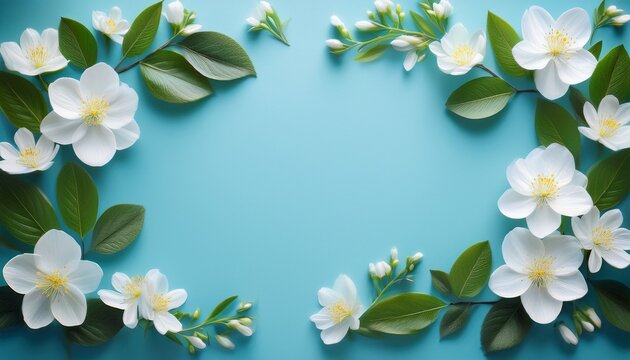 white spring flowers and green leaves forming a floral edge provide an elegant light blue backdrop