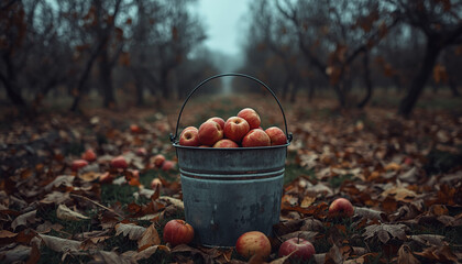 Fototapeta premium Basket of freshly picked apples in an orchard at dusk — part of a folk horror and dark poetry series