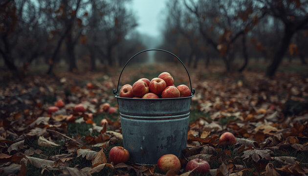 Basket of freshly picked apples in an orchard at dusk &mdash; part of a folk horror and dark poetry series