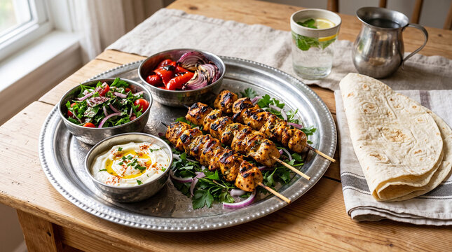 Seekh kabab Shish Tawook on silver tray