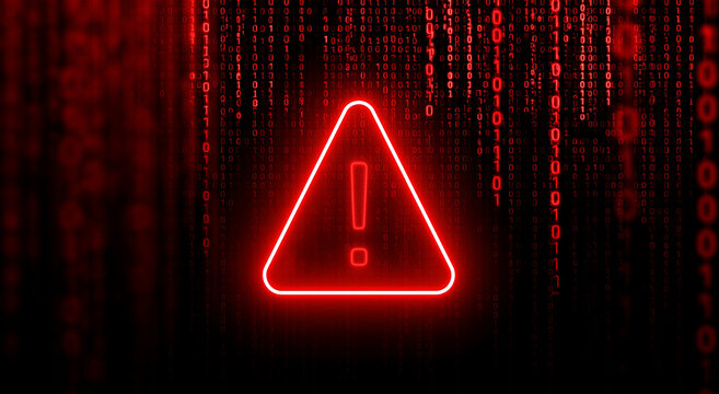 A glowing red warning icon set against a matrix of falling binary code. Digital security alert and cyber danger concept.