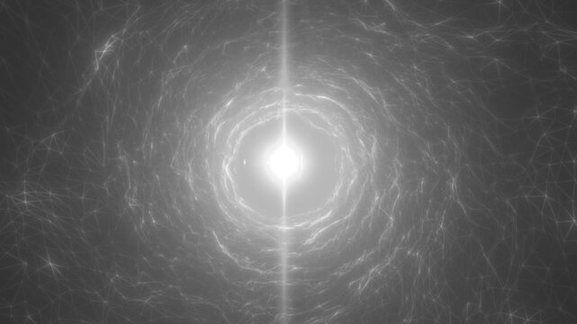 Monochrome wireframe network spirals toward a brilliant central light