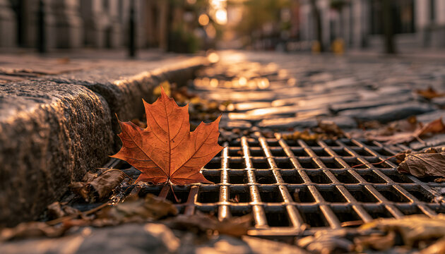 A single dried maple leaf rests on a dark metal street storm drain. Autumn mood with golden sunlight on cobblestone.