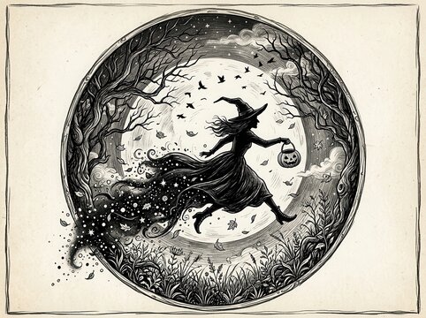A whimsical halloween scene with a running witch carrying a pumpkin bucket in a circular frame silhouette