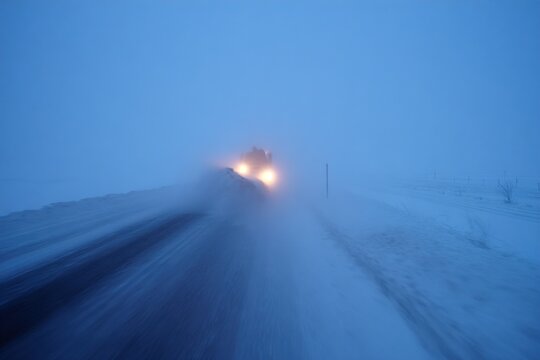 Snowplow truck clearing a highway during a severe winter blizzard and heavy snowfall.