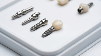 Fototapeta premium Dental Implants and Crowns Arranged on White Tray for Demonstration Purposes