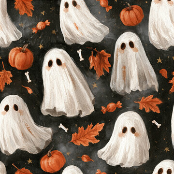 Cozy spooky season pattern with adorable hand painted ghost, pumpkin, autumn leaves, candy, and bones on dark background