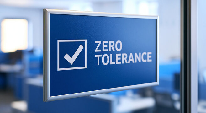 Close-up of a blue sign with a check mark reading zero tolerance. Represents workplace standards and strict compliance.